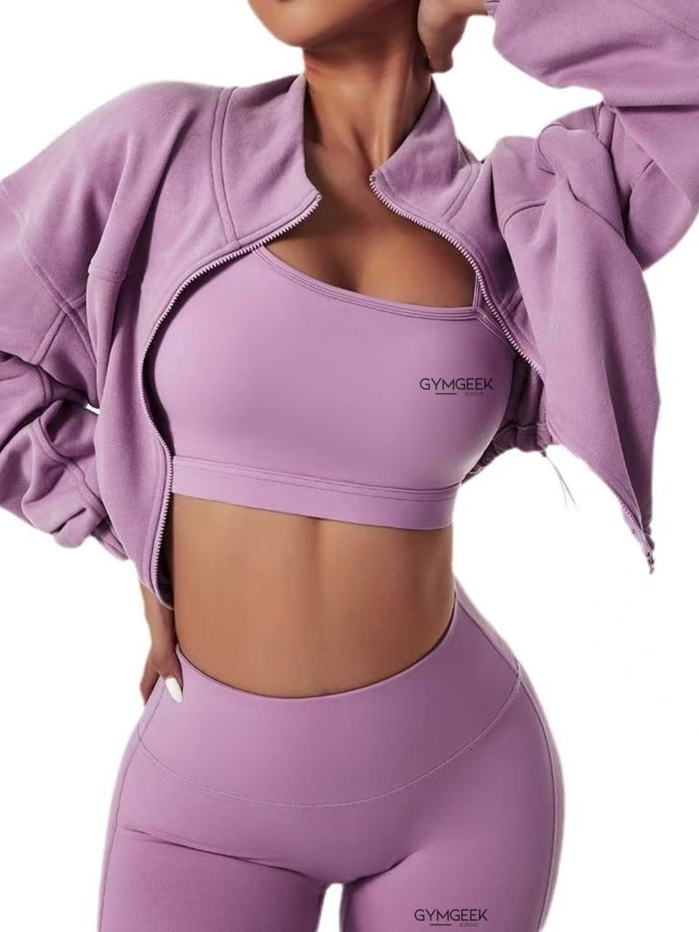 Wisteria Purple crop top jacket, bra, and leggings set by Gymgeek, designed for stylish and functional workouts